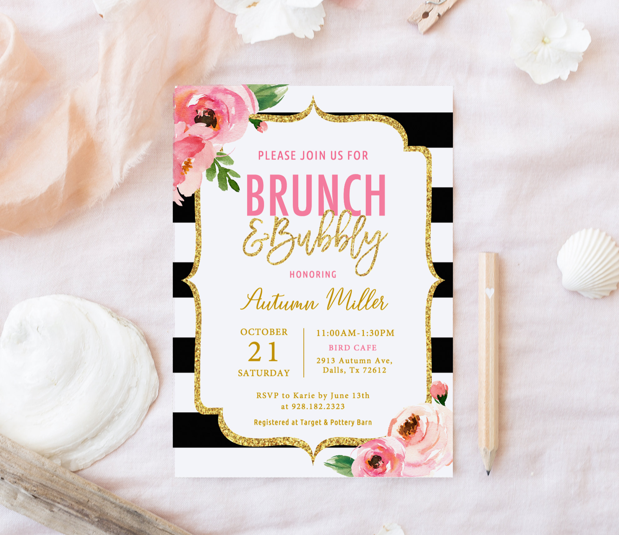 Kate Brunch And Bubbly Bridal Shower Invitation Template Spade Shower Bridal Brunch Invitations Black And White Striped Invitation Floral regarding sizing 1982 X 1713