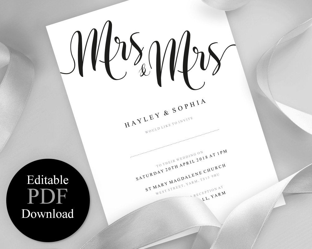 Lesbian Wedding Invitation Gay Mrs Mrs Printable Editable Etsy within dimensions 1000 X 800