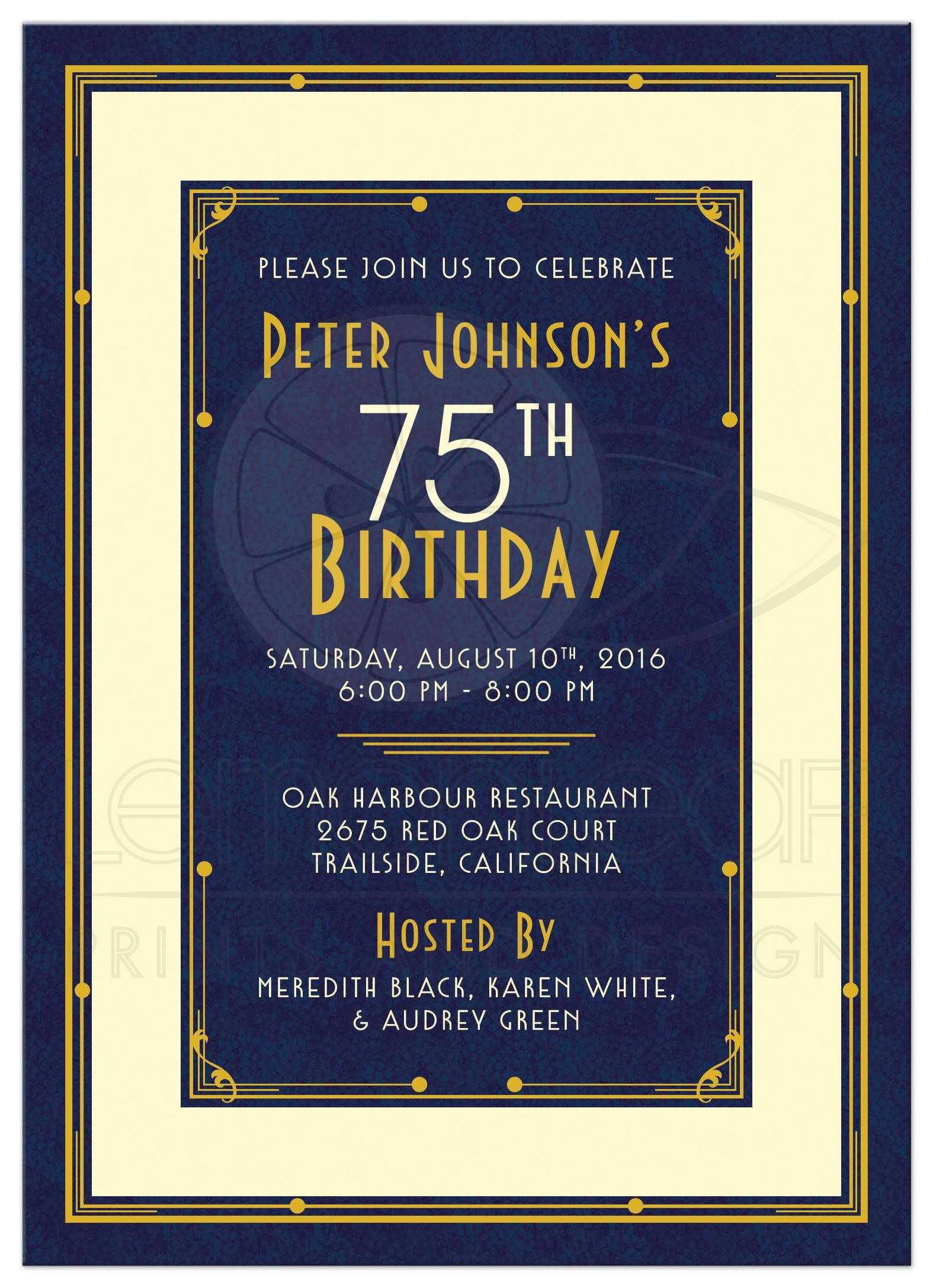 Mans 75th Birthday Invitation Art Deco Navy Blue And Gold regarding measurements 1575 X 2175
