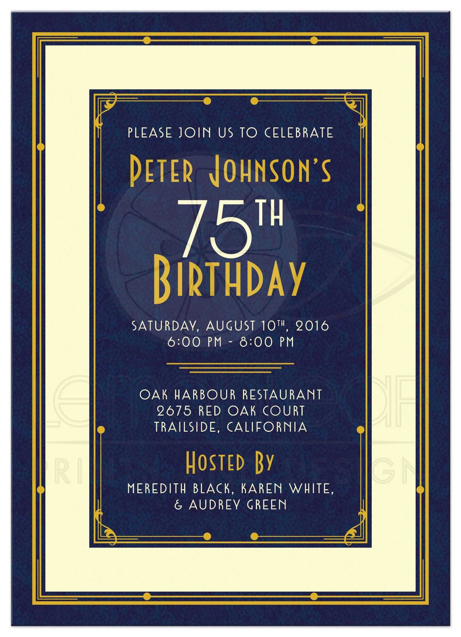 Mans 75th Birthday Invitation Art Deco Navy Blue And Gold with sizing 1575 X 2175