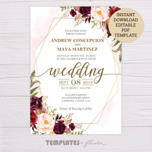 Marsala Flowers With Gold Frame Wedding Invitation Template Flearn Ph in sizing 1002 X 1002