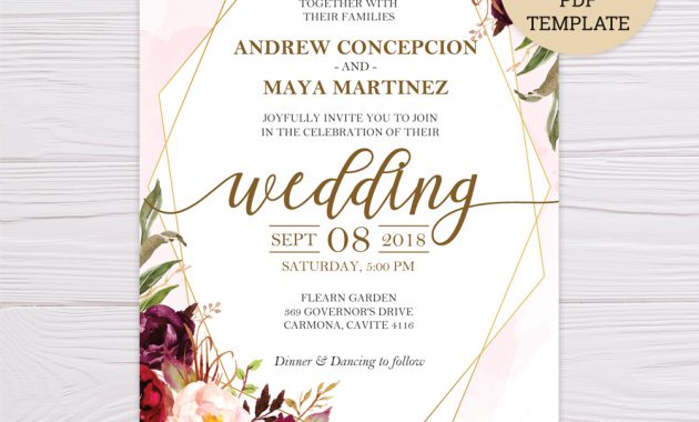 Marsala Flowers With Gold Frame Wedding Invitation Template Flearn Ph in sizing 1002 X 1002