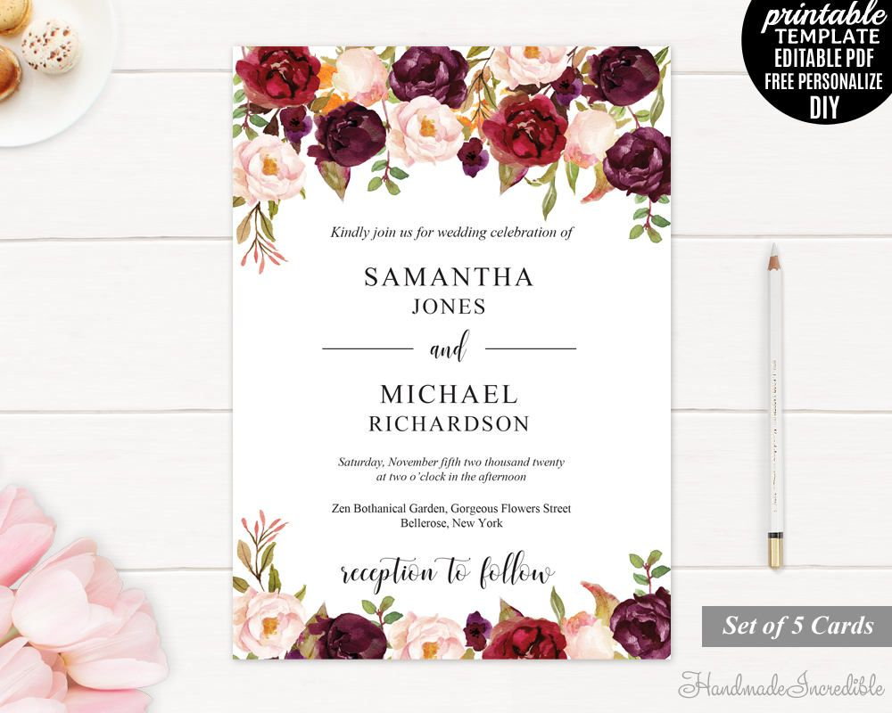 Marsala Wedding Invitation Set Printable Burgundy Floral Invite with regard to measurements 1000 X 800