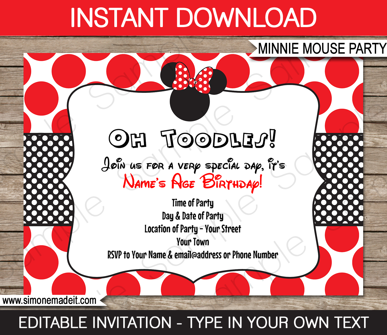 Minnie Mouse Birthday Party Invitations Template Red for measurements 1300 X 1126