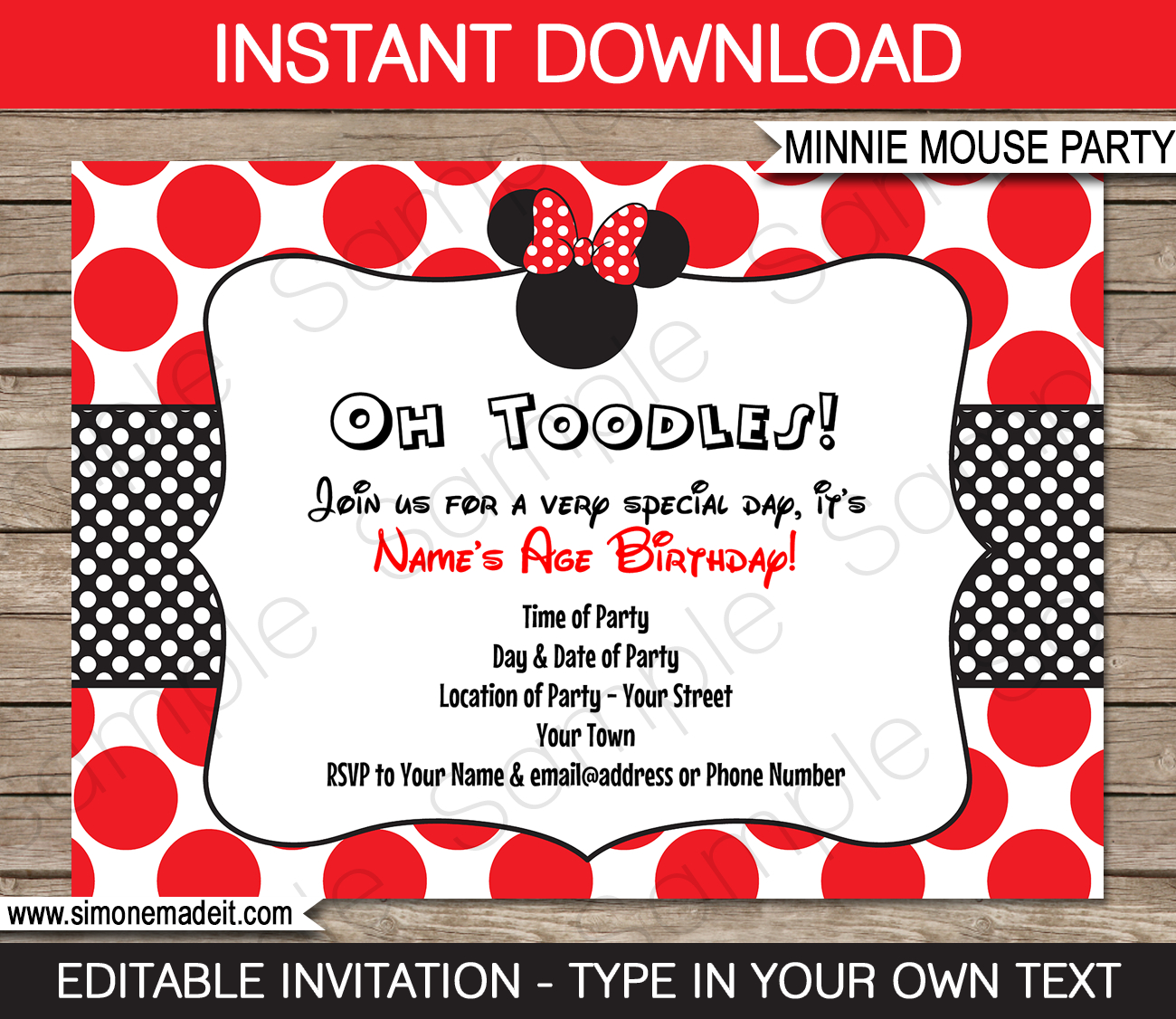 Minnie Mouse Birthday Party Invitations Template Red with measurements 1300 X 1126