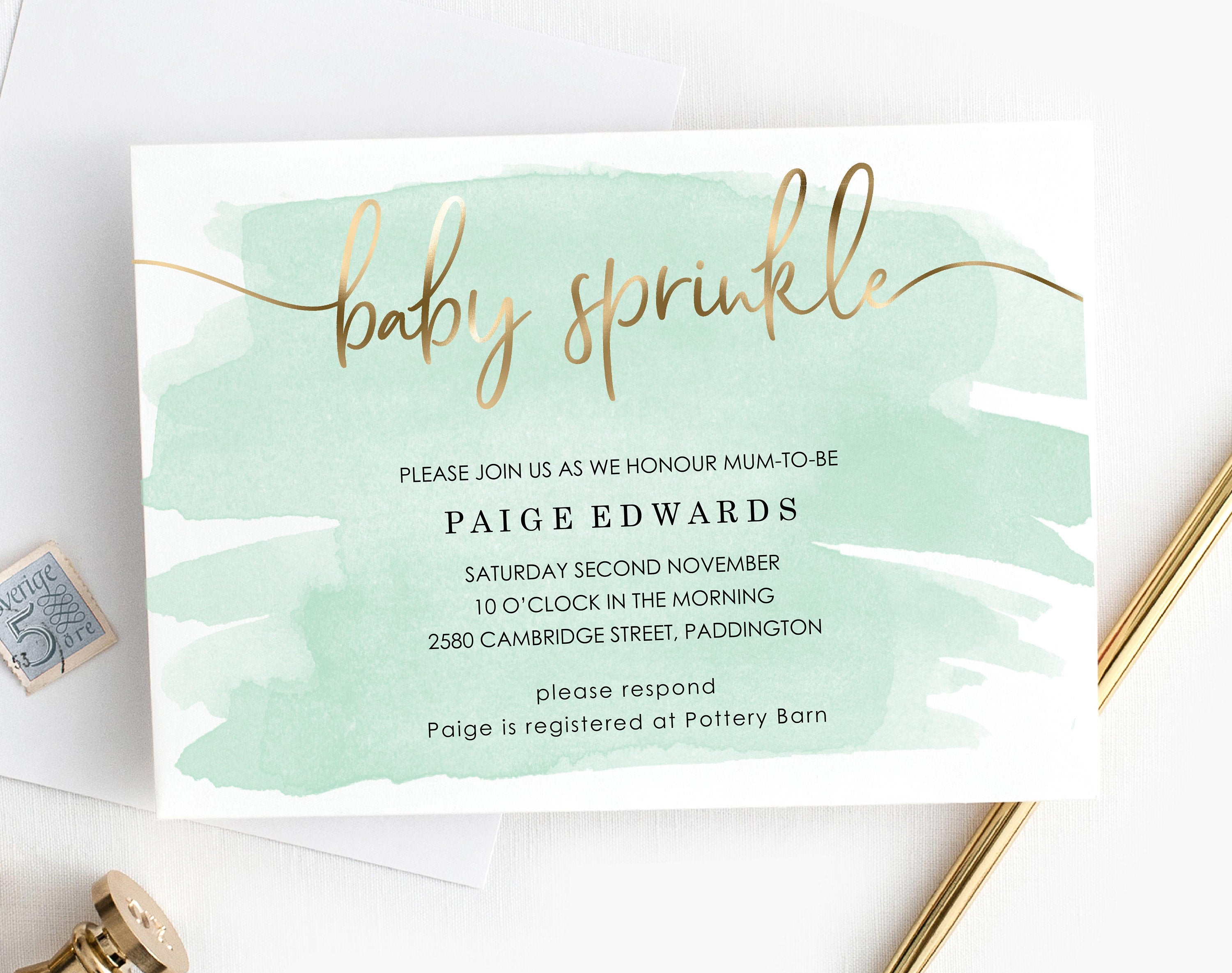 Mint Green Ba Sprinkle Invitation Template Gold Foil Etsy in measurements 3000 X 2370