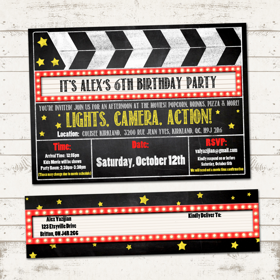 Movie Birthday Party Invitation With Wrap Around Address Labels Movies Clipboard Marquee Chalkboard Custom Printable Designs intended for size 900 X 900