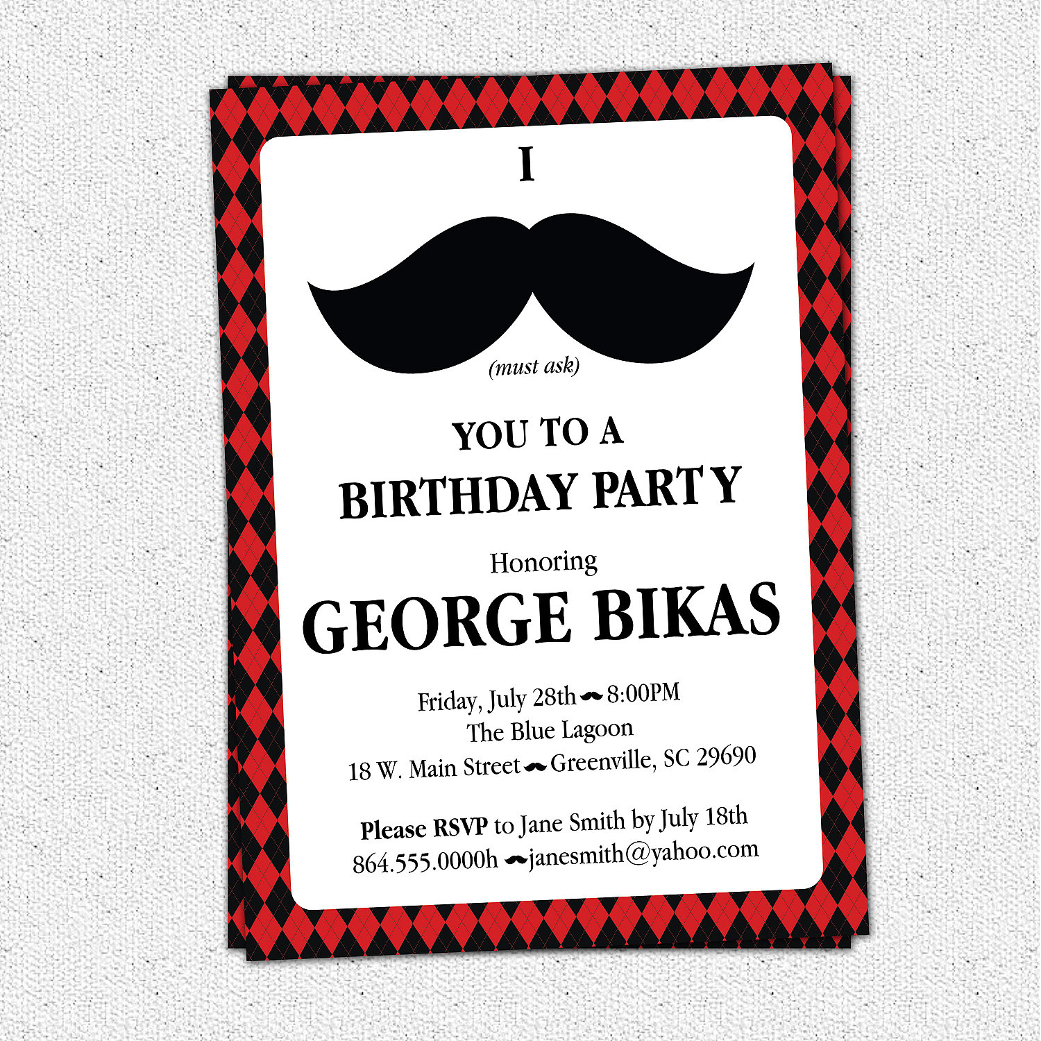 Mustache Argyle Birthday Party Bash Invitations Manly 30th 40th 50th 60th Mans Mens Set Of 10 From Ohcreativeone Llc with regard to measurements 1500 X 1500