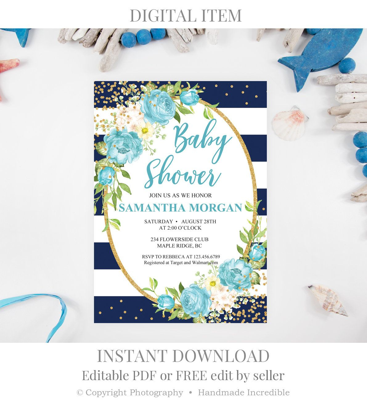 Navy Ba Shower Invitation Template Printable Girl Tiffany throughout dimensions 1191 X 1304