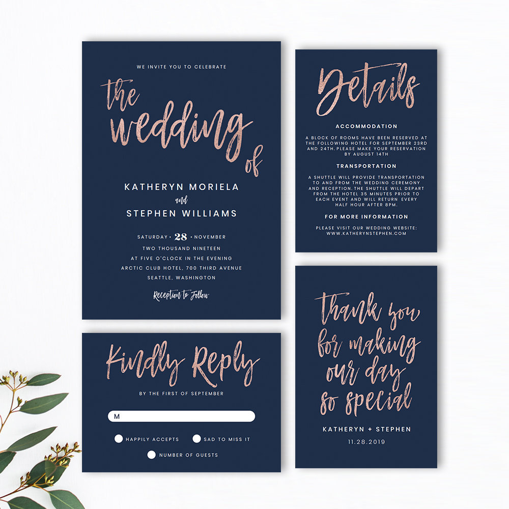 Navy Blue Rose Gold Wedding Invitation Templates Modern Etsy for size 1000 X 1000