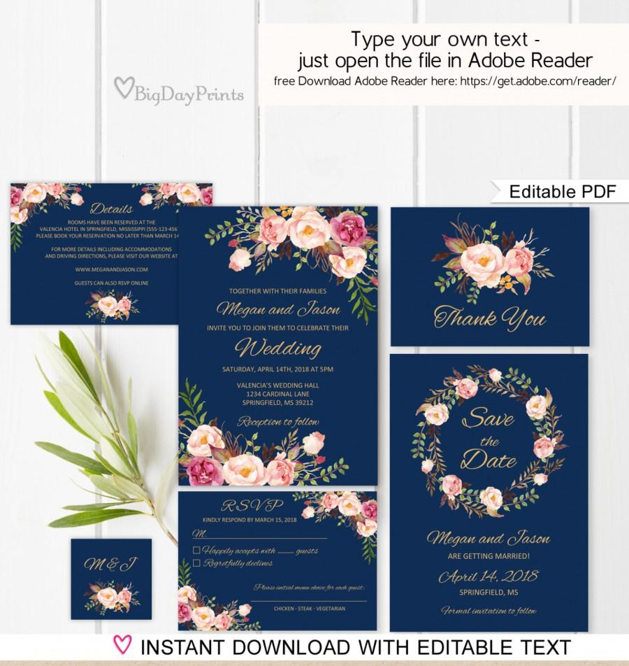 Navy Wedding Invitation Template Boho Chic Wedding Invitation Suite for sizing 900 X 952