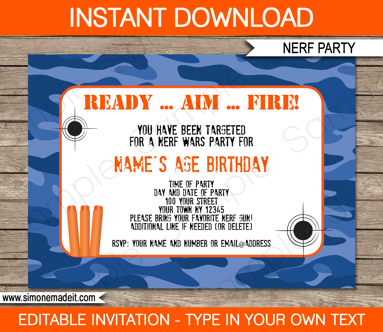 Nerf Birthday Party Invitations Editable Template Blue Camo in dimensions 1300 X 1126