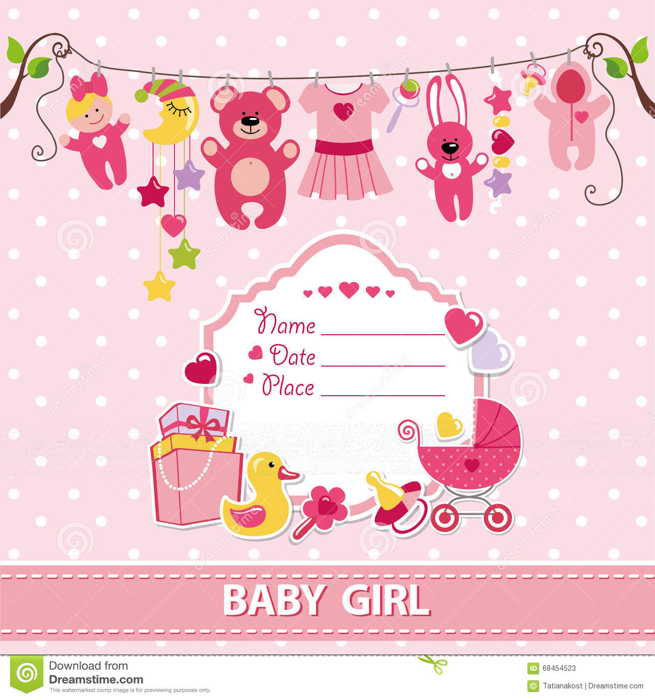 New Born Ba Girl Card Shower Invitation Template Stock Vector throughout measurements 1300 X 1389