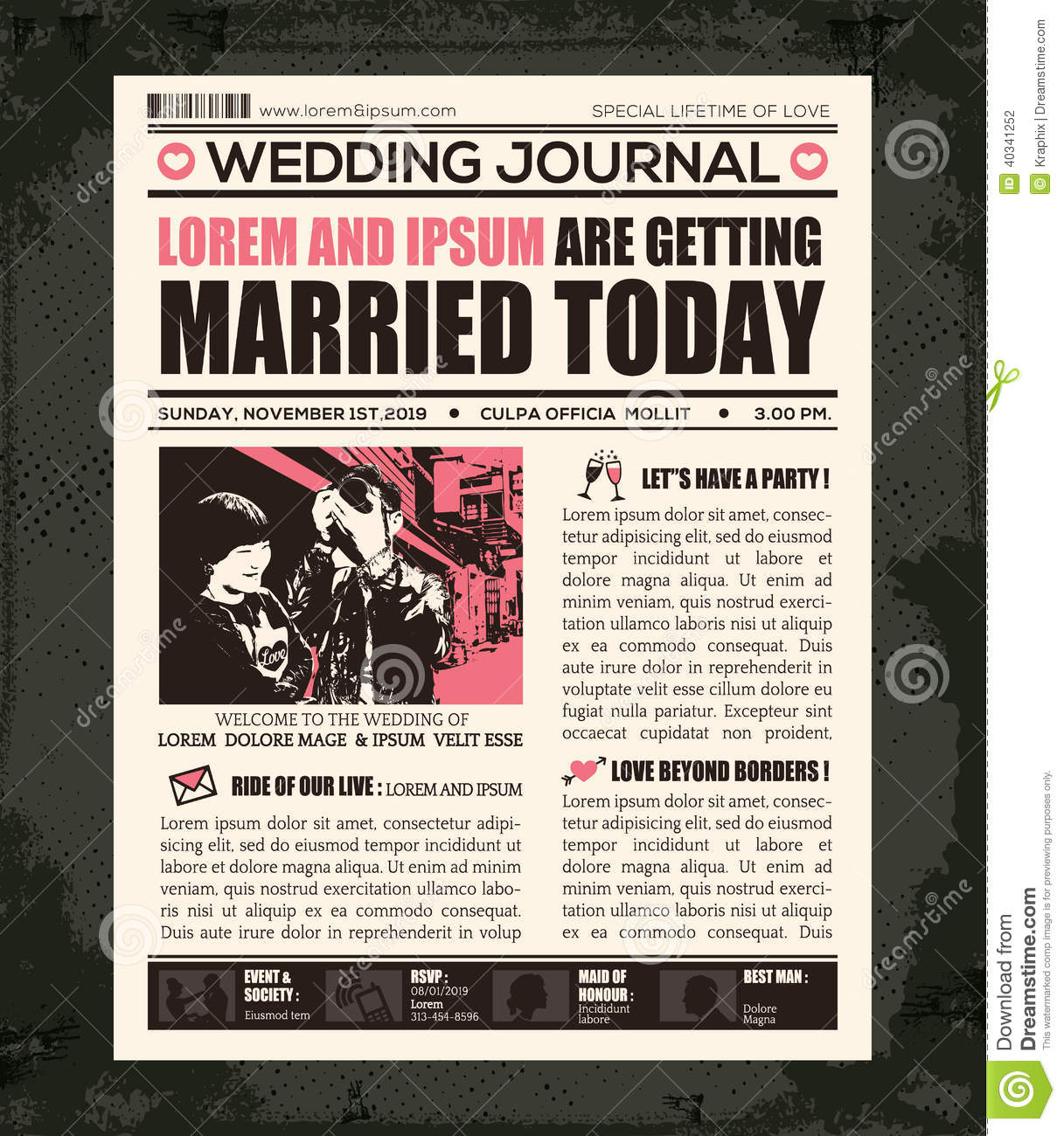 Newspaper Wedding Invitation Design Template Stock Vector with regard to proportions 1217 X 1300