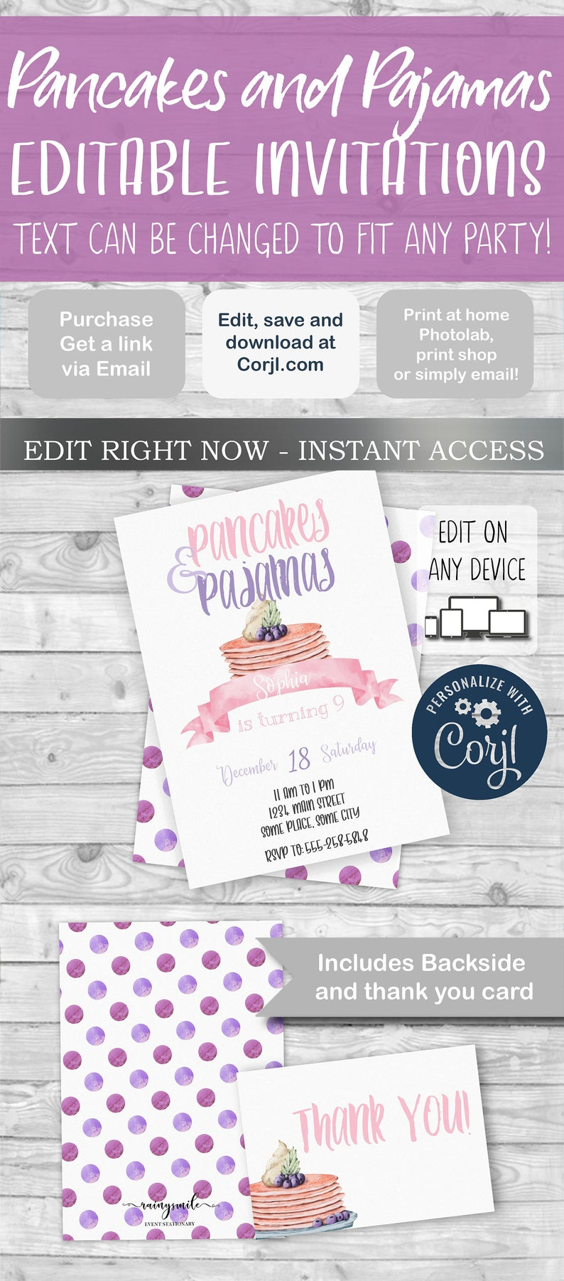 Pancakes And Pajamas Invitation And Thank You Card Pajama Etsy pertaining to size 794 X 1802