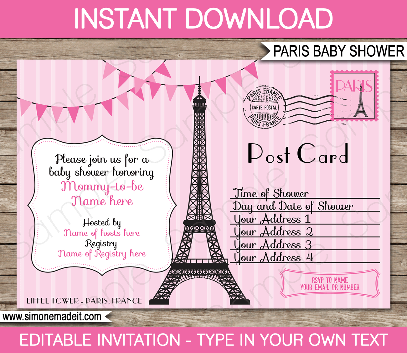 Paris Ba Shower Invitations Pink Girl Template inside measurements 1300 X 1126