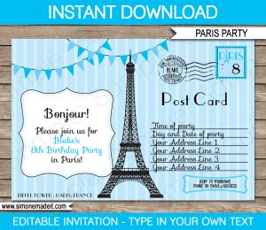 Paris Party Invitations Template Blue for size 1300 X 1126