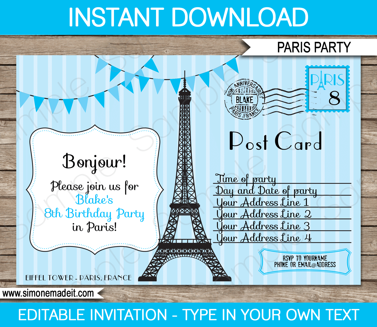 Paris Party Invitations Template Blue for size 1300 X 1126