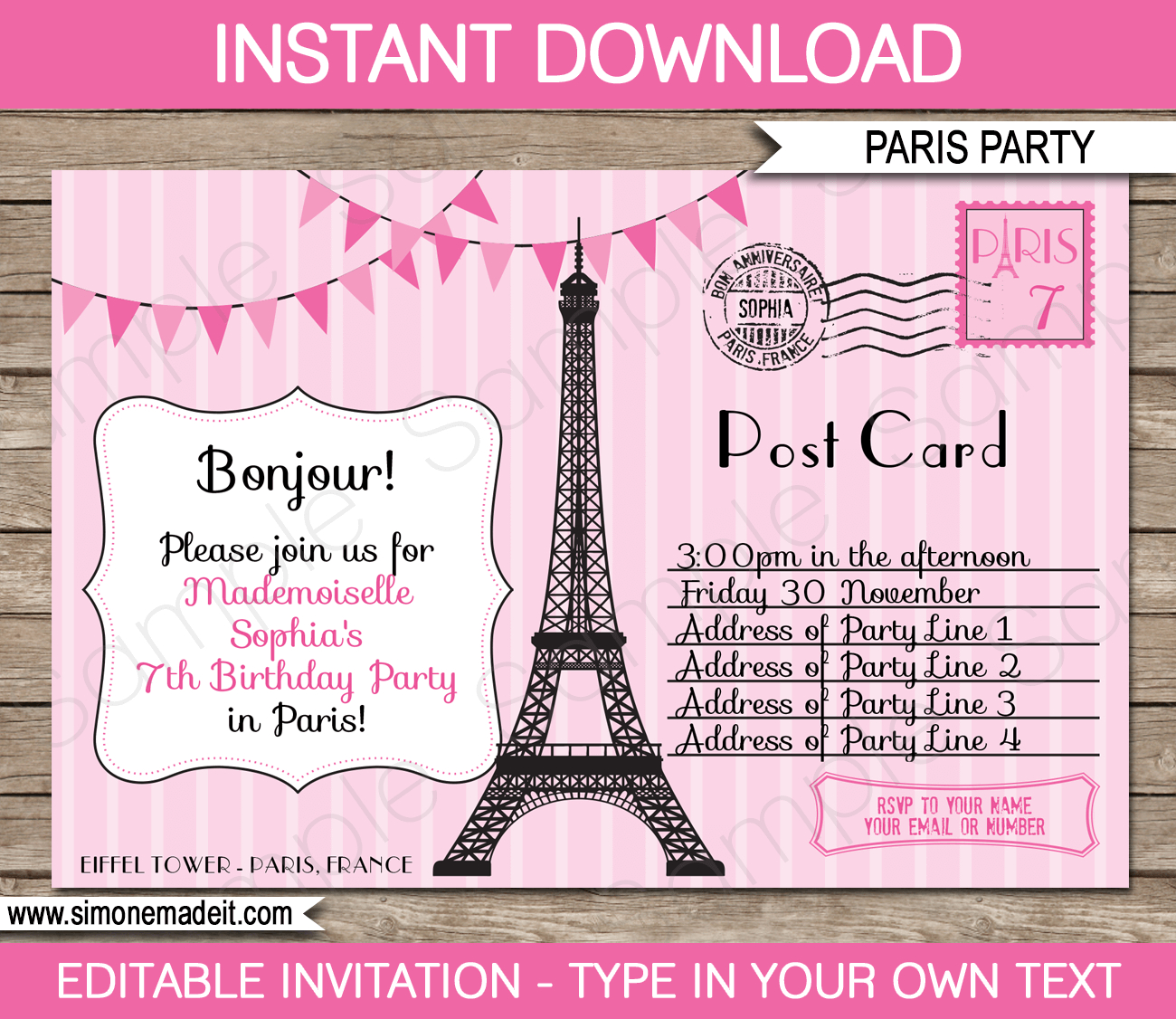 Paris Party Invitations Template Postcard To Paris with regard to size 1300 X 1126