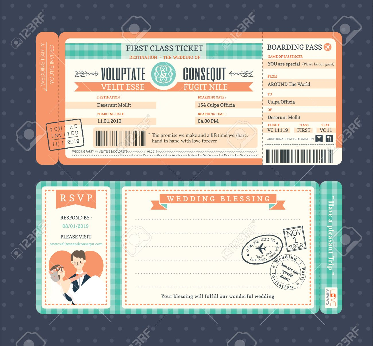 Pastel Retro Boarding Pass Ticket Wedding Invitation Template throughout size 1300 X 1206