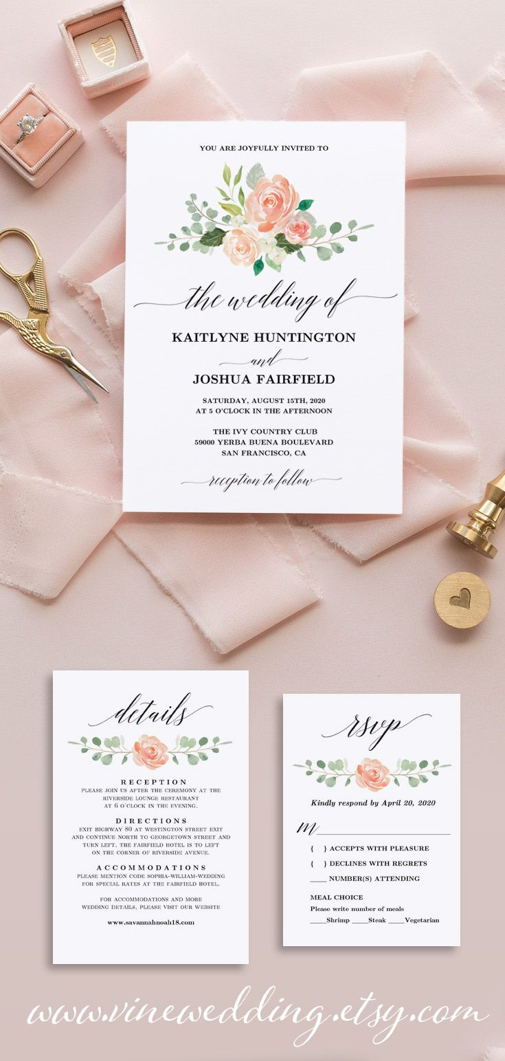 Peach Blush Floral Wedding Invitation Printable Wedding Invitation throughout measurements 735 X 1543