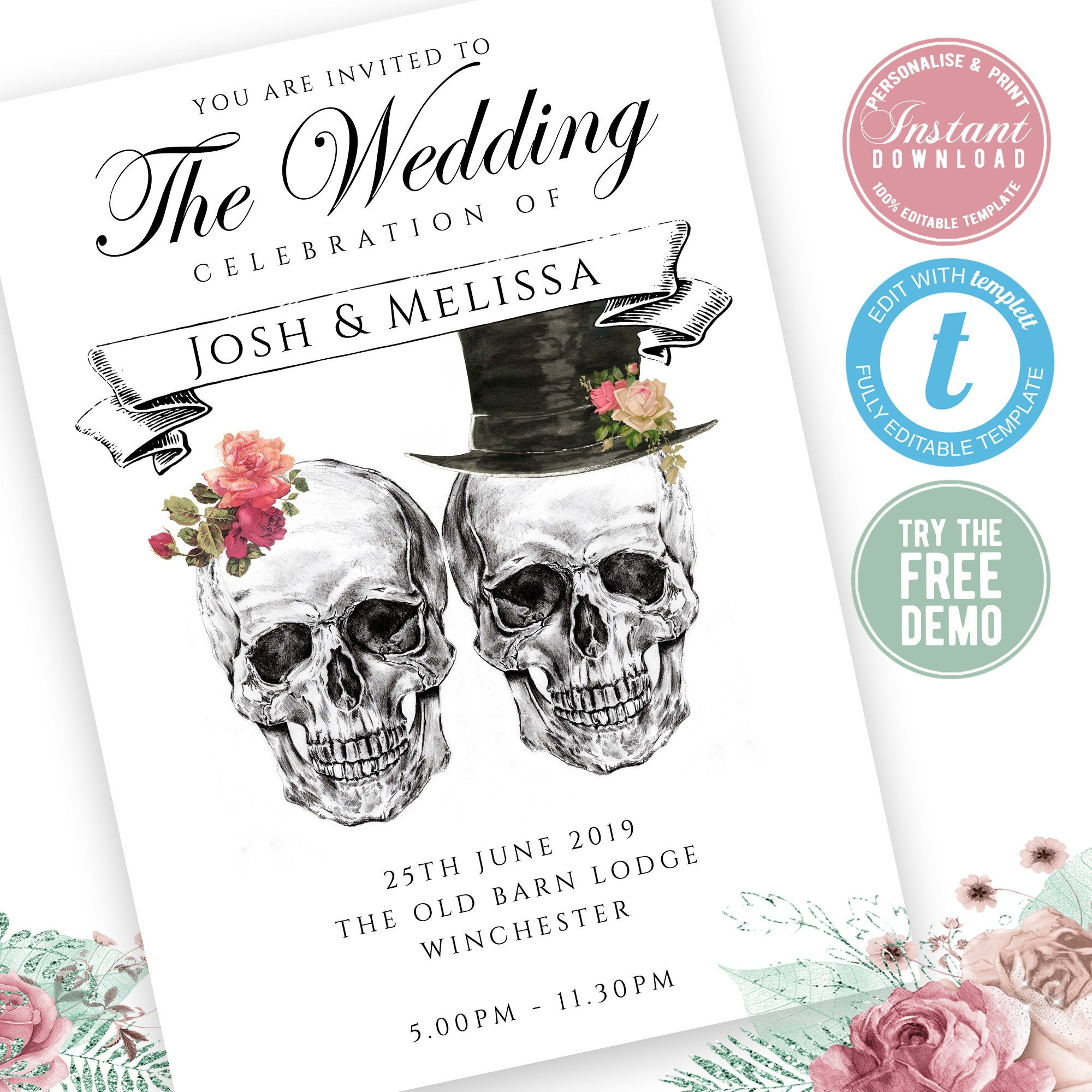 Personalised Wedding Skulls Invitation Editable Instant Etsy intended for dimensions 2000 X 2000