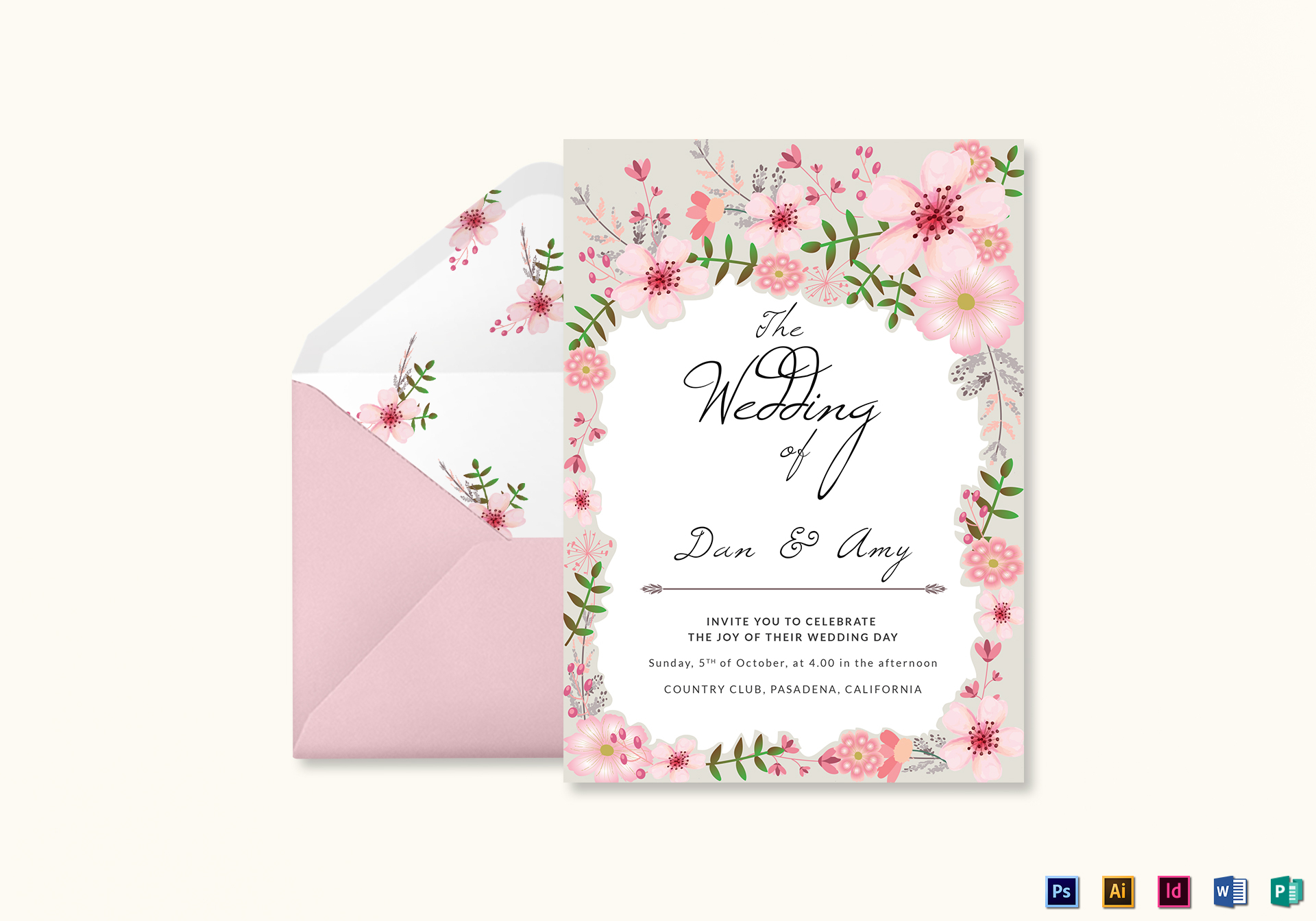 Pink Floral Wedding Invitation Card Design Template In Psd Word inside size 1920 X 1344
