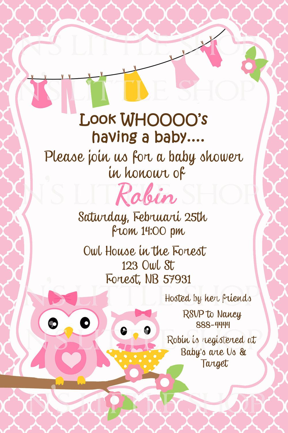 Pink Owl Ba Shower Invitation Card Customize Printable 1000 in proportions 1000 X 1500