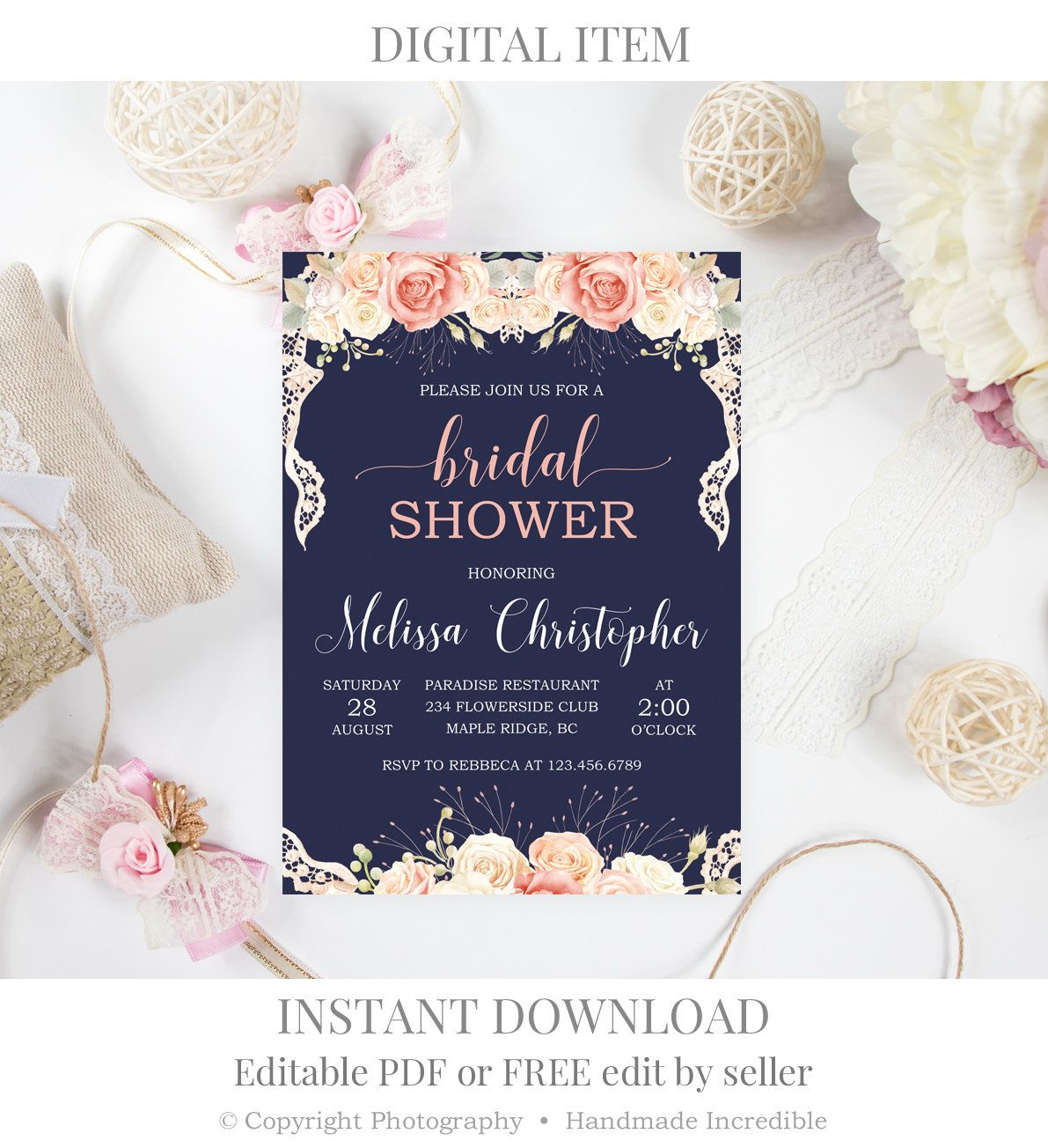 Pink Roses And Lace Bridal Shower Invitation Template Printable with size 1191 X 1304