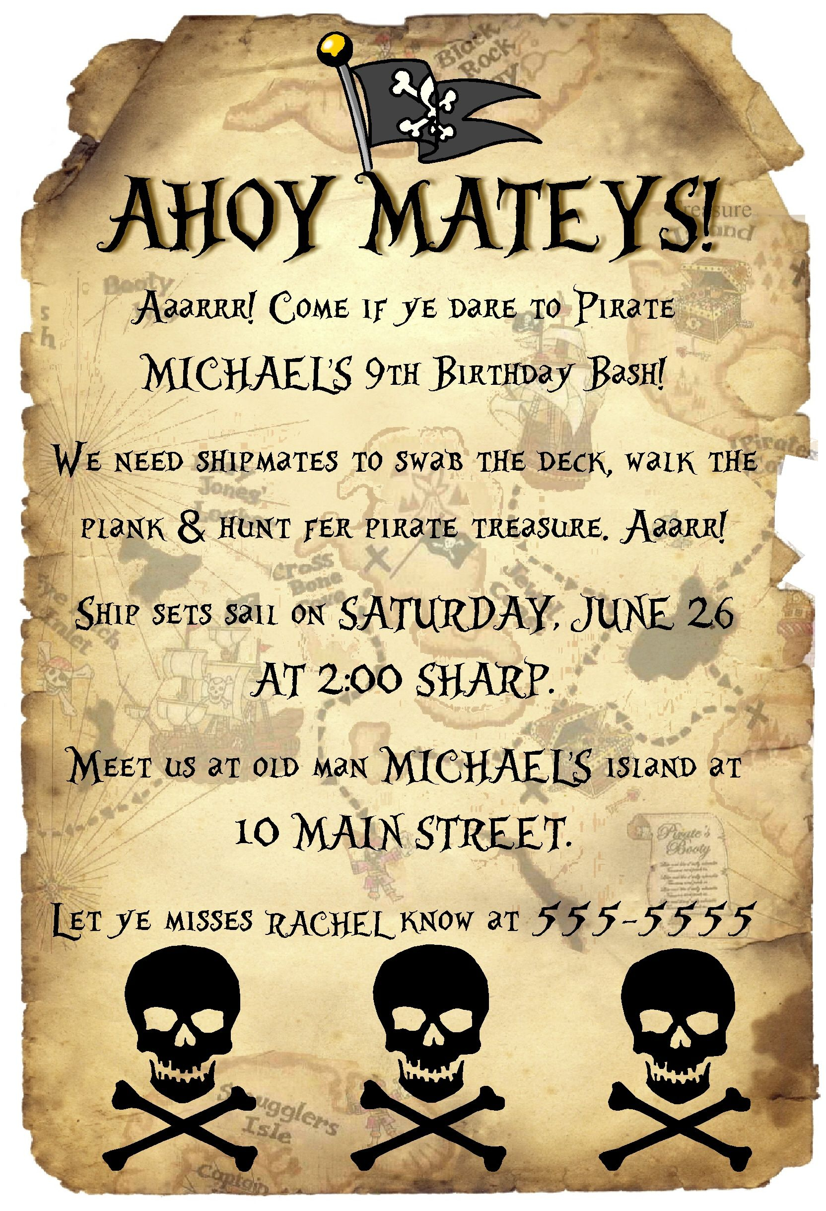 Pirate Invitations Wording Copyright Custom Creations 2009 2013 intended for size 1664 X 2439