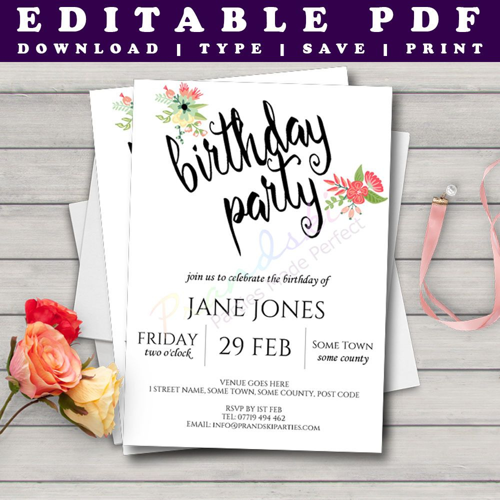 Printable Birthday Invitation Template Watercolour Floral Design with sizing 1000 X 1000