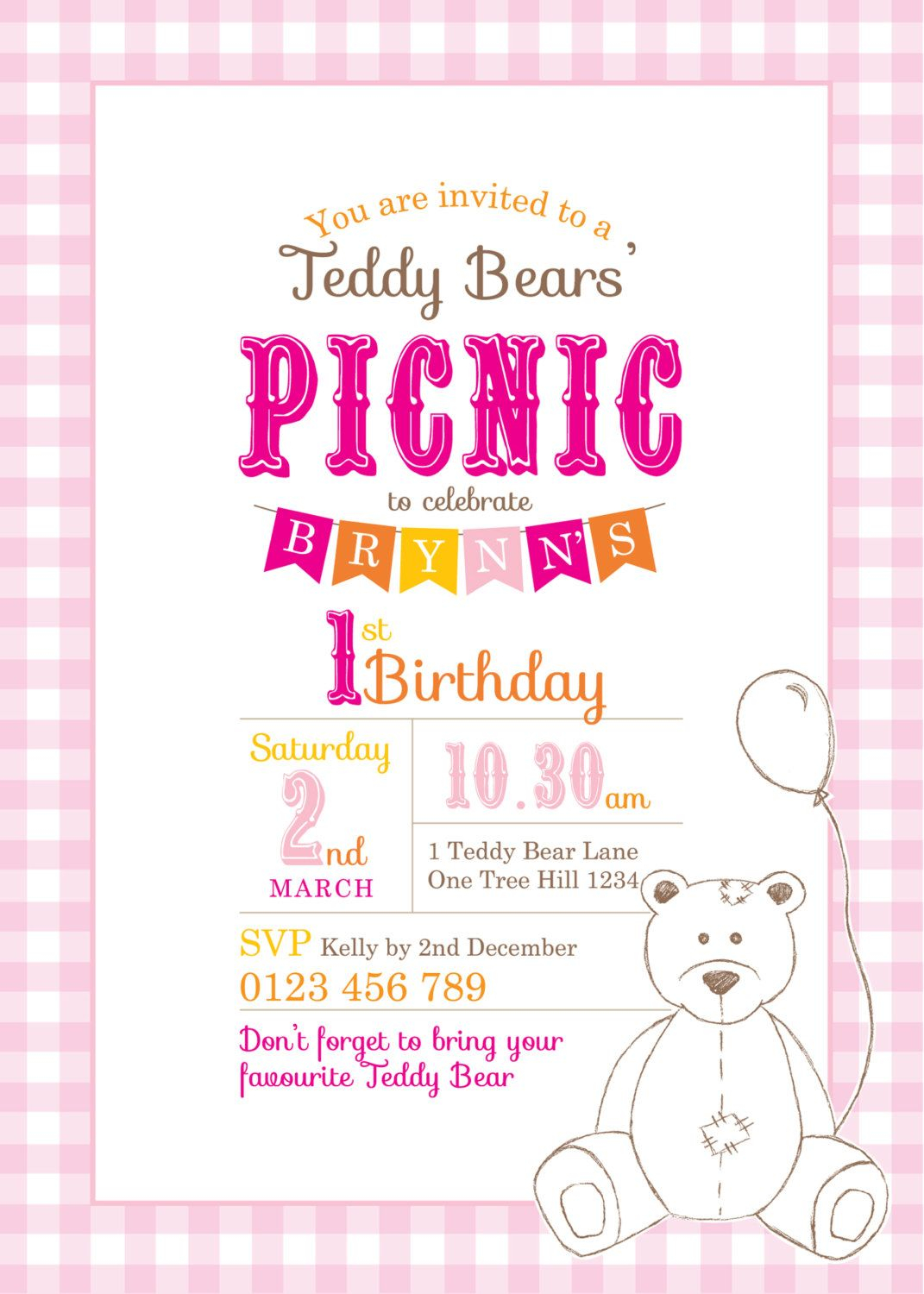 Printable Custom Birthday Party Invitation Template Teddy Bears inside proportions 1071 X 1500