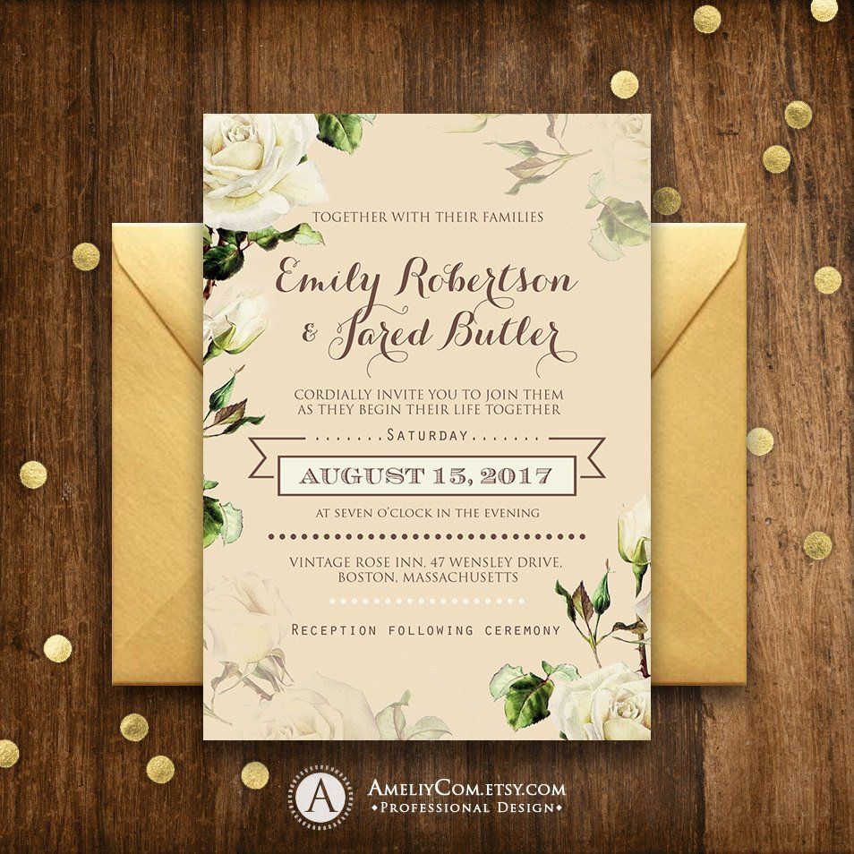Printable Rustic Wedding Invitation Neutral Cream Roses Floral with regard to size 954 X 954