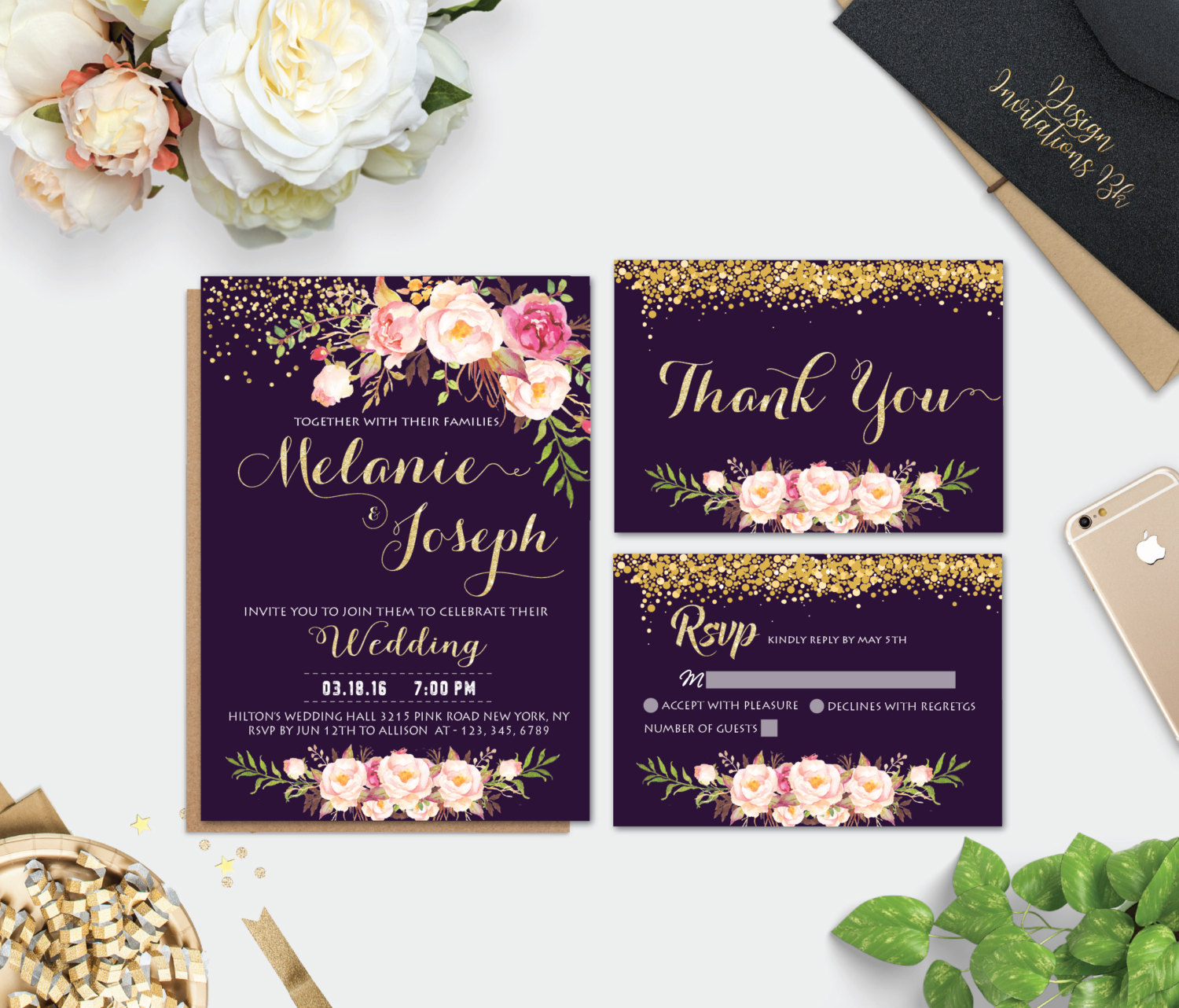 Printable Wedding Invitation Purple Wedding Invitation Gold Etsy in size 1500 X 1282