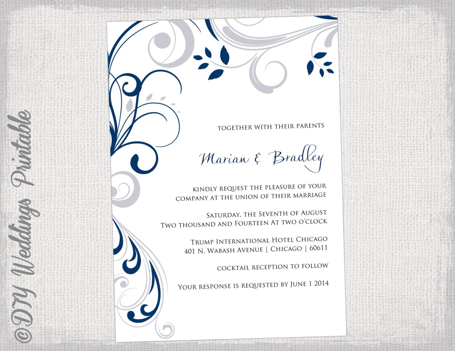 Printable Wedding Invitation Templates Silver Gray And Navy Etsy throughout measurements 1500 X 1160