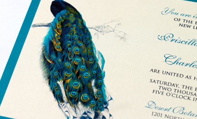 Priscilla Peacock Wedding Invitation Sample Ivory Ecru Teal in proportions 1280 X 1076