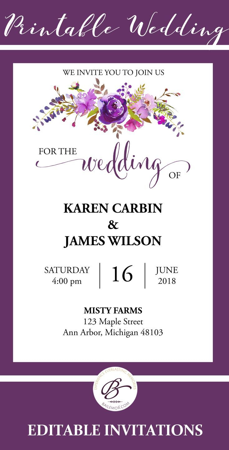 Purple Wedding Invitation Template Printable Wedding Invitations inside measurements 735 X 1442