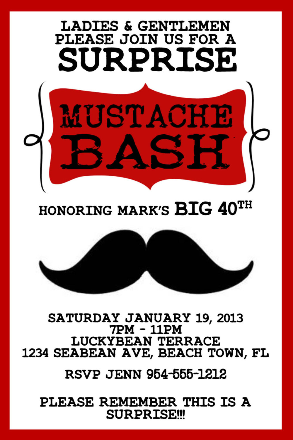 Red Mustache Bash Invitation Template 4x6 inside measurements 1000 X 1500