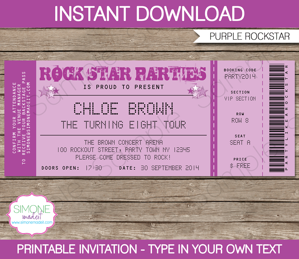 Rock Star Party Ticket Invitations Template Purple Birthday throughout size 1000 X 866