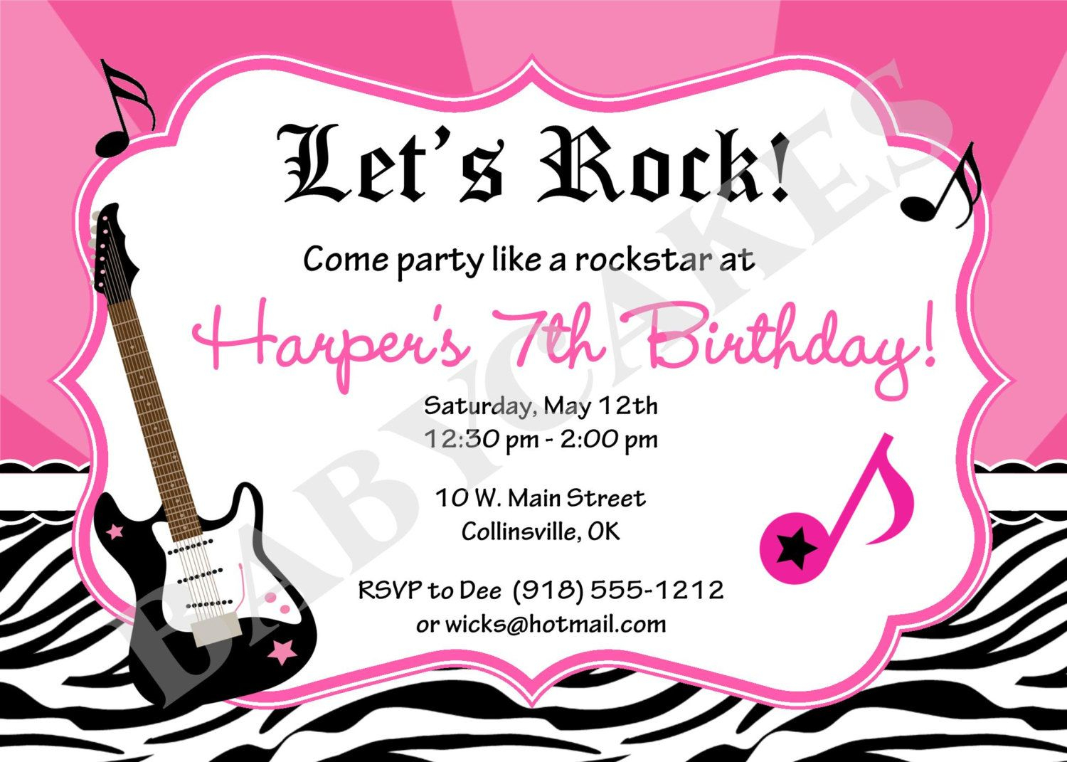 Rockstar Birthday Party Invitation Zebra Print Jcbacakes regarding measurements 1500 X 1071