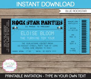 Rockstar Birthday Party Ticket Invitation Template Blue pertaining to measurements 1000 X 866