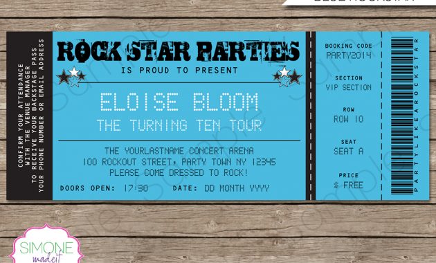 Rockstar Birthday Party Ticket Invitation Template Blue regarding dimensions 1000 X 866