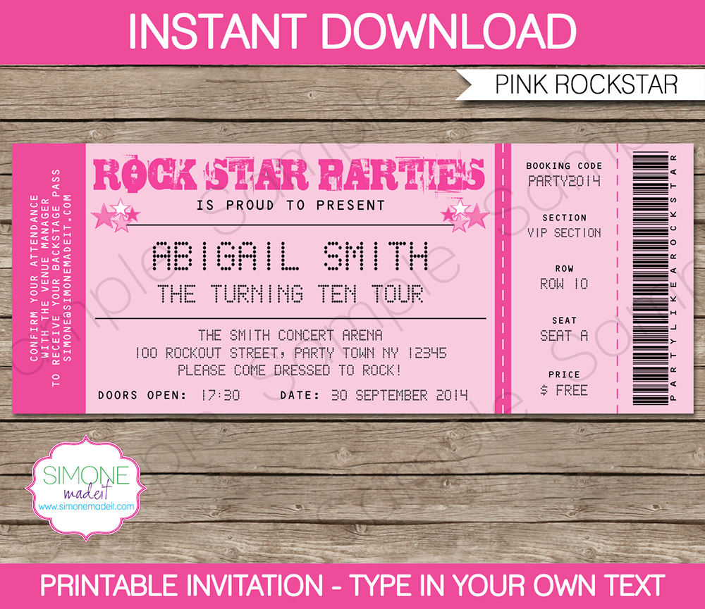 Rockstar Birthday Party Ticket Invitations Template Pink for size 1000 X 865