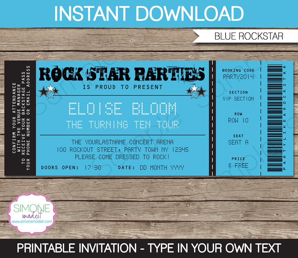 Rockstar Party Ticket Invitation Template Blue Birthday with regard to size 1000 X 866