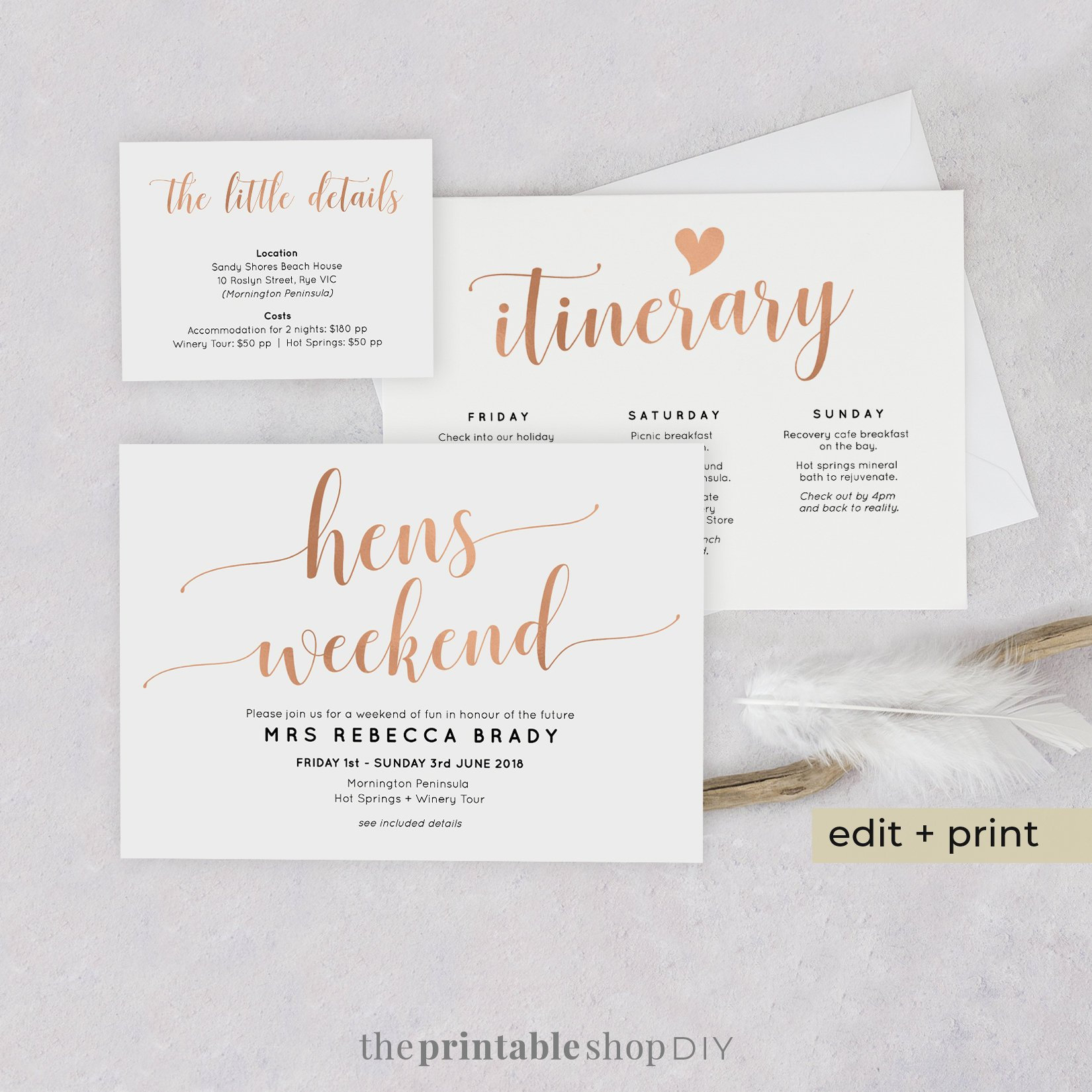 Rose Gold Hens Weekend Party Invites Templett Invitation Etsy for measurements 1650 X 1650