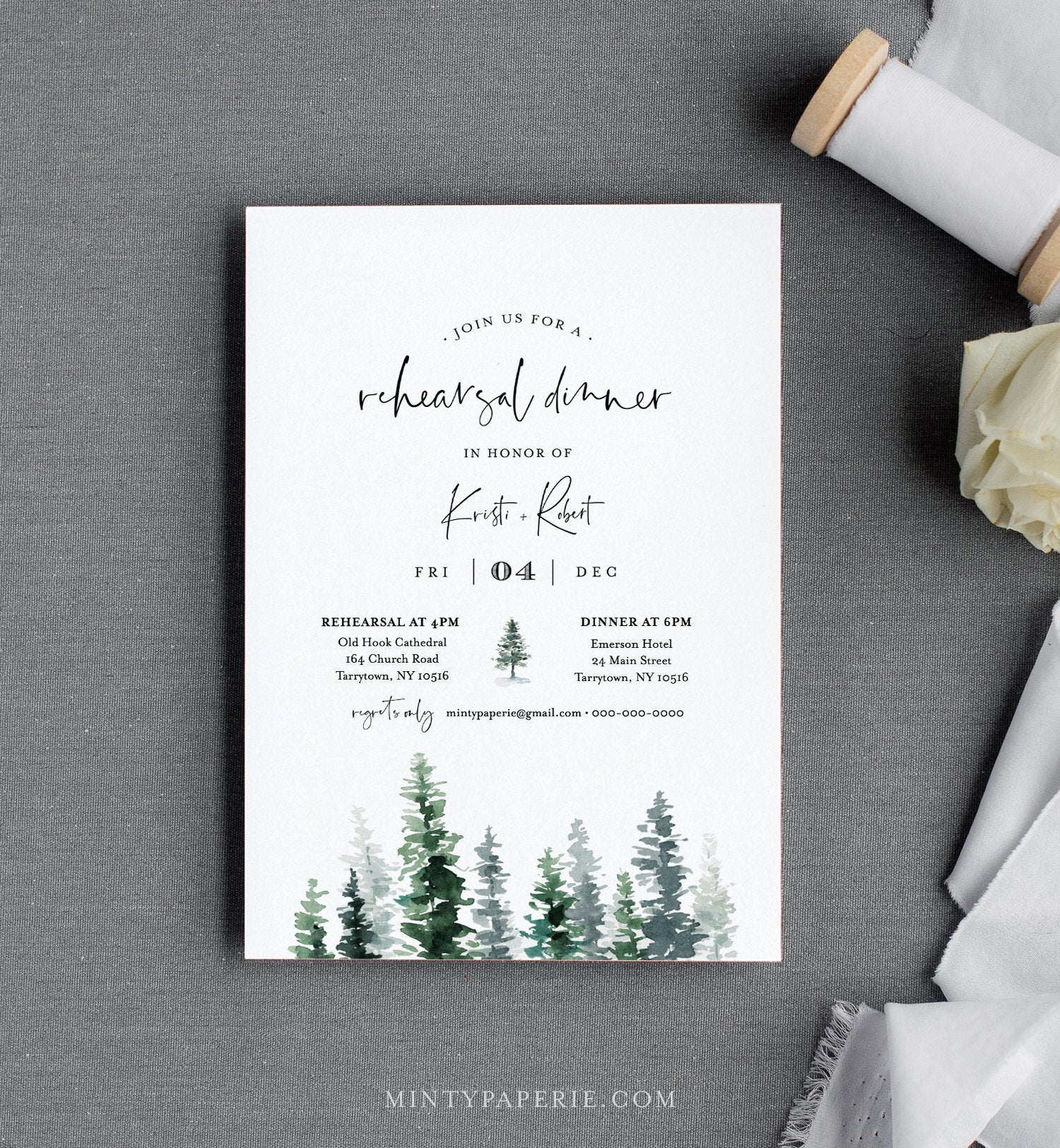 Rustic Rehearsal Dinner Invitation Template Pine Tree Evergreen with dimensions 1500 X 1625