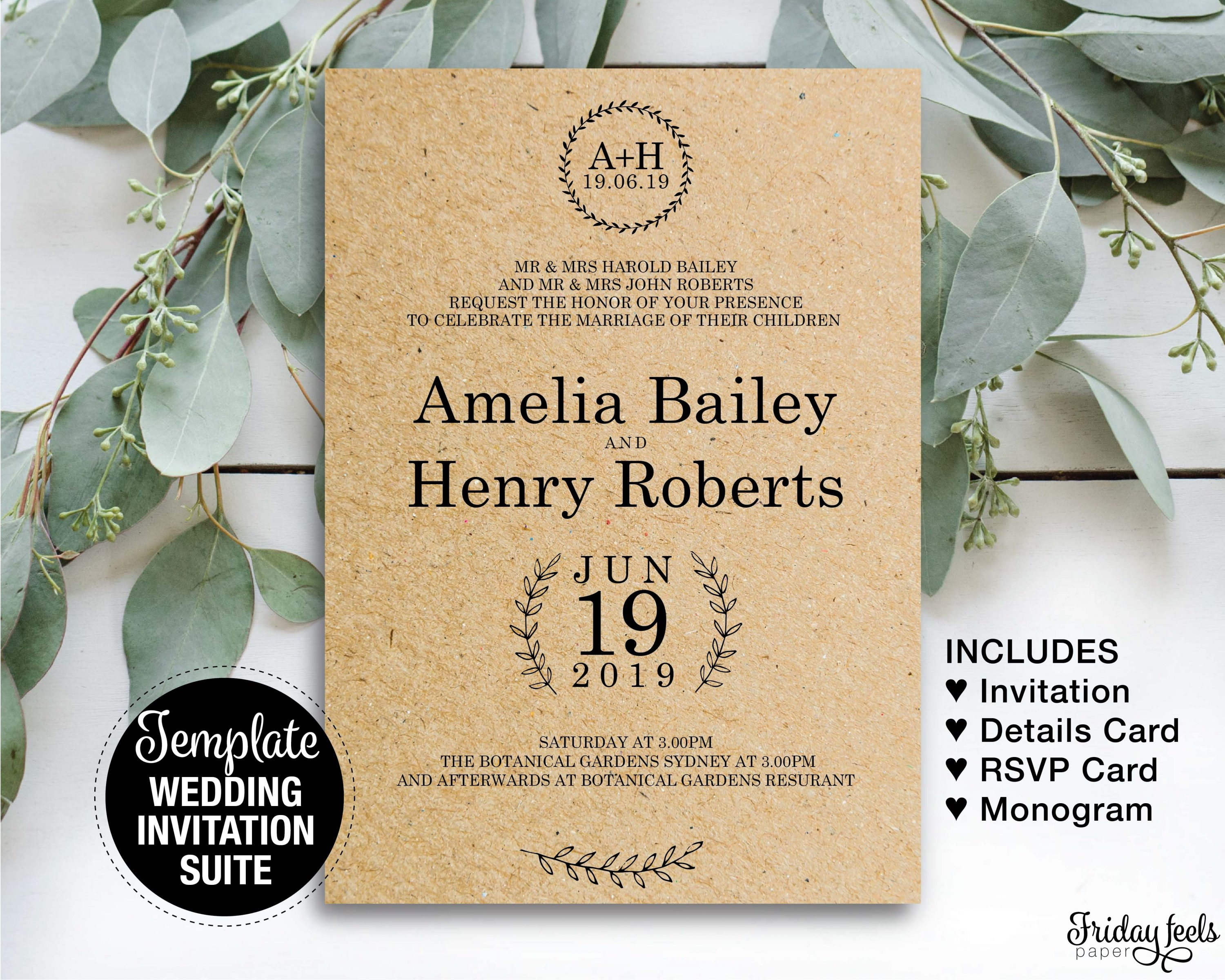 Rustic Wedding Invitation Set Printable Templates Friday Feels Paper intended for dimensions 3000 X 2400