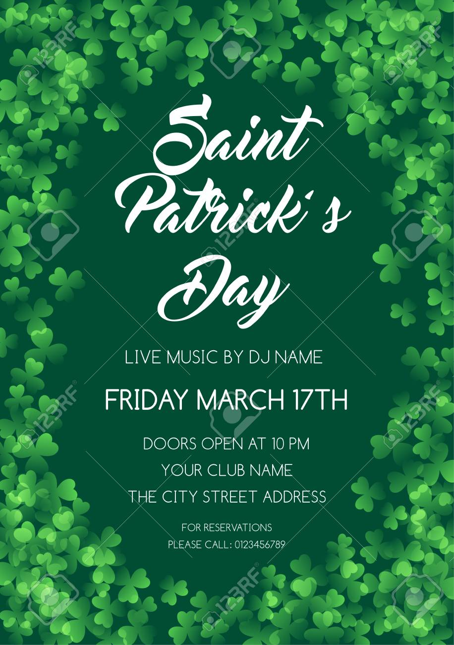 Saint Patricks Day Invitation Or Poster Template With Clover throughout size 916 X 1300