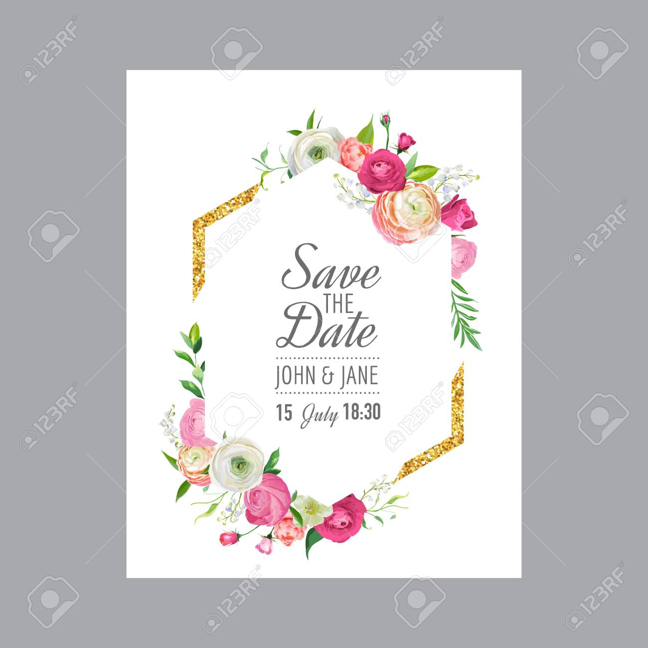 Save The Date Card Template With Gold Glitter Frame And Pink intended for dimensions 1300 X 1300