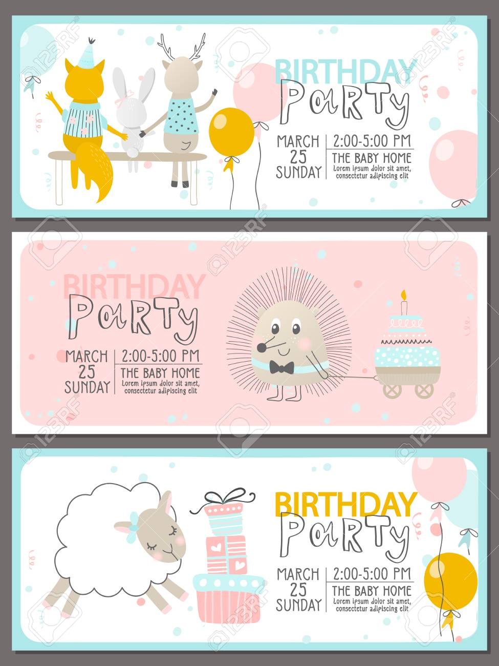 Set Of Birthday Party Invitation Templates With Cute Animals in size 975 X 1300